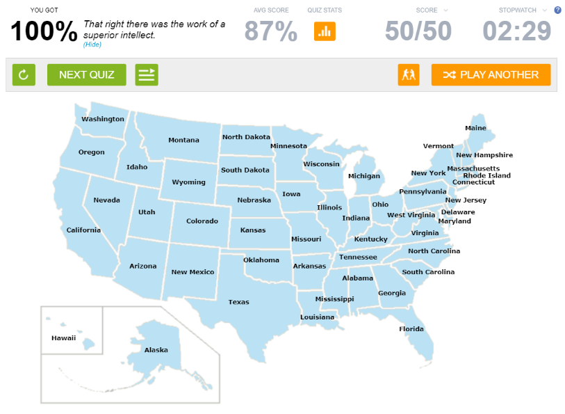 Screenshot of completed 50 states quiz.